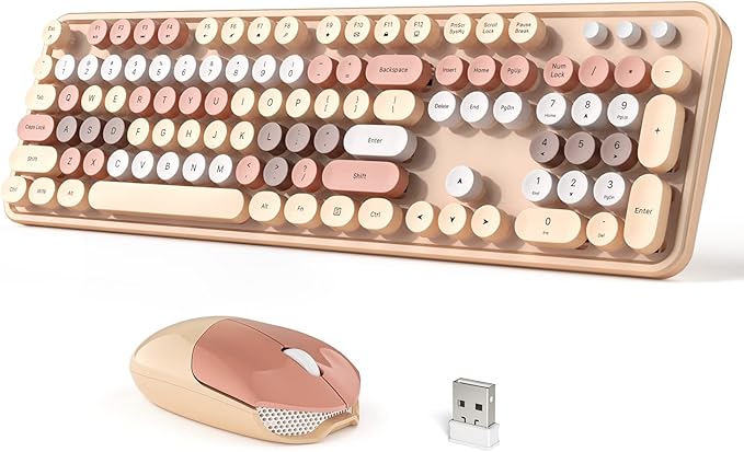 Wireless Keyboard and Mouse Combo, 104 Keys Full-Sized 2.4 GHz Round Keycap Colorful Keyboards, USB Receiver Plug and Play, for Windows, PC, Laptop, Desktop (Milk Tea)