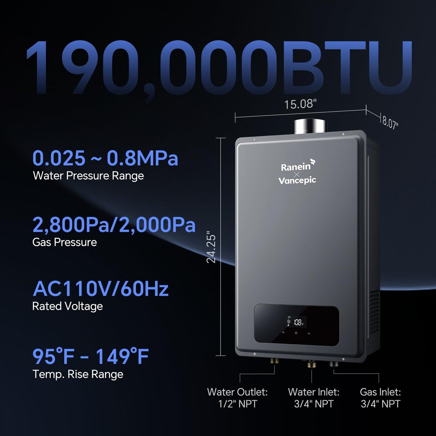 Ranein × Vancepic Tankless Water Heater Natural Gas, Max 8.5 GPM 190000 BTU Indoor On Demand Instant Hot Water Heater with LED Temperature Control Panel