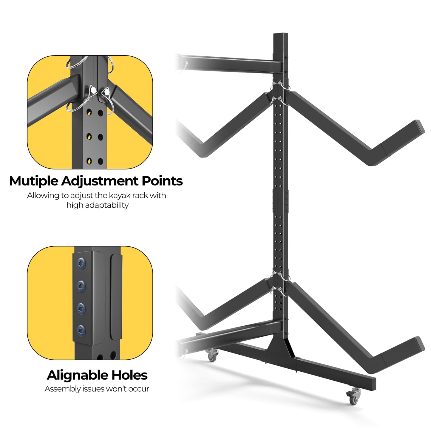 Freestanding Adjustable Kayak Storage Rack, 2 Sides Kayak Bracket, Durable Kayak Rack with Lockable Wheels for Indoor, Outdoor, Garage, Shed, Dock