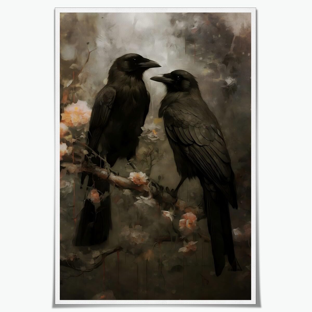 Generic Dark Academia Black Crows Wall Art Raven Couple in Dark Forest Wildlife Painting Retro Art Gothic Decor Hallowe'en Canvas Print 12x8 Unframed