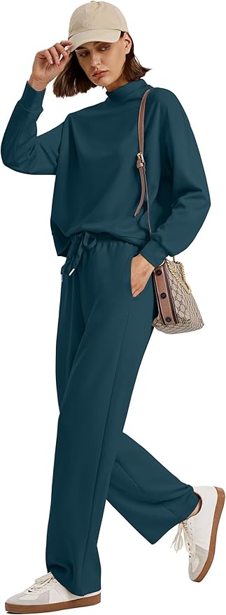 WIHOLL Two Piece Sets for Women Fall Outfits Lounge Sets Mock Neck Tops Wide Leg Pants Vacation Travel Airport Outfits