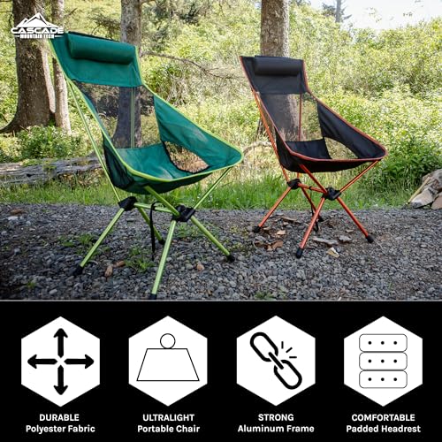 Cascade Mountain Tech Camping Chairs 2-Pack - High Back Chair with Headrest and Low Profile Folding Chair