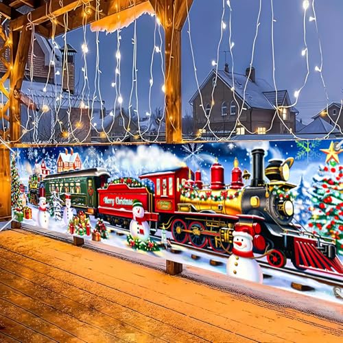 BlissYard Merry Christmas Long Horizontal Banner Backdrop Holiday Winter Wonderland Christmas Train Photography Background...