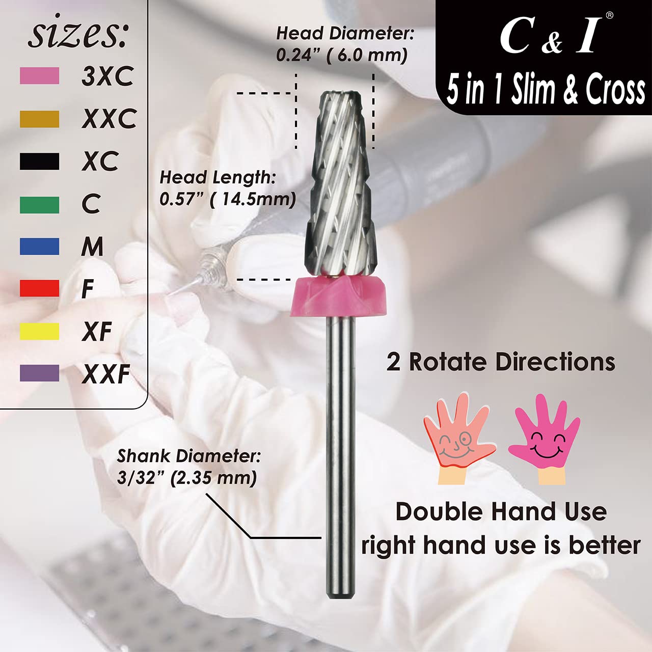 C & I 5 in 1 Nail Drill Bit, Cross & Slim Edition, Professional Nail Drills for Electric Manicure Drill Machine (Triple Coarse -