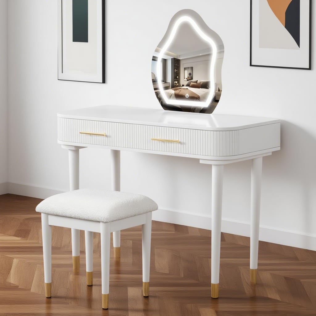 Goldshire 40" Modern Vanity Table Set with Mirror and Lights, Dressing Table and Cushioned Stool Set with 2 Large Drawers, Modern Makeup Table for Bedroom,Makeup Room