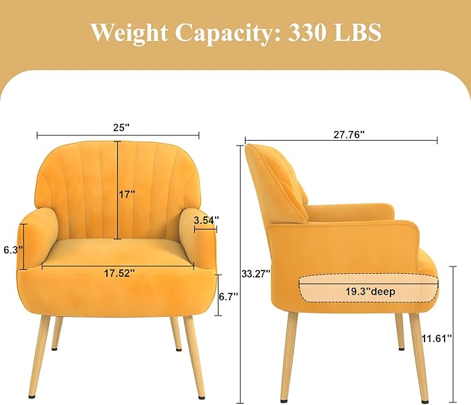 Holiway Velvet Accent Chair, Mid Century Modern Accent Chairs for Living Room, Comfy Upholstered Armchair with Metal Legs for Bedroom/Apartment/Office/Waiting Room, Yellow