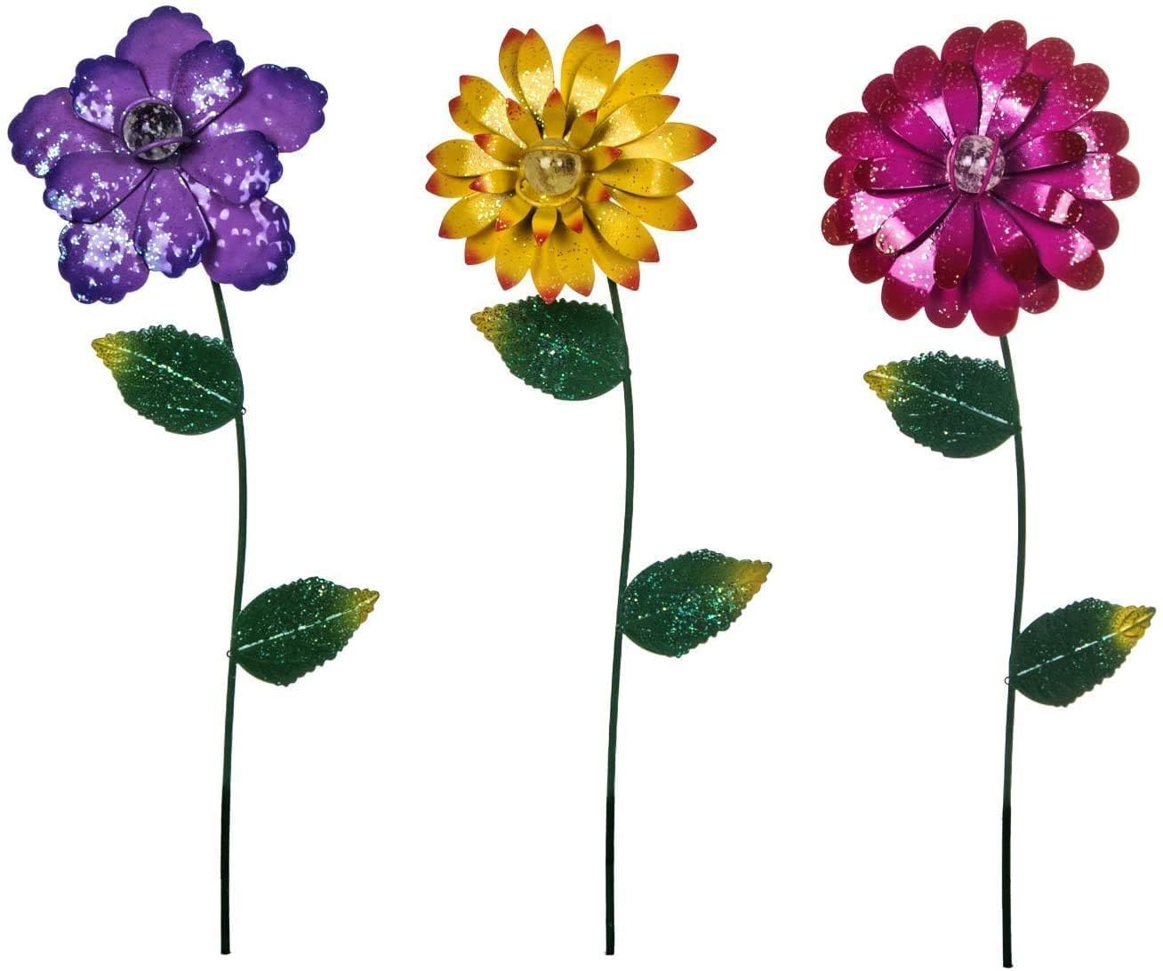 Topadorn 3 Pack Floral Garden Stake Outdoor Glow in Dark Plant Pick Waterproof Metal Flower Spring Decorations Lawn Yard Patio Art Stakes, Ornaments Gift for Garden Lovers