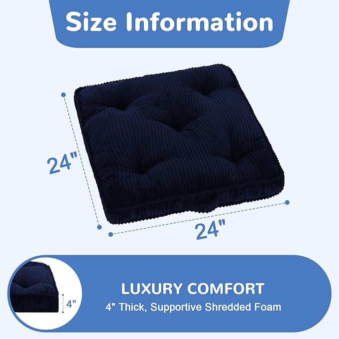 PRIMEPATIO Square Floor Pillow for Adults, Tufted Floor Cushion for Sitting, Large Meditation Cushion, Thick Corduroy Seat with Handle, Tatami Seating for Yoga, 24x24 Inch Navy Blue, 2Pack