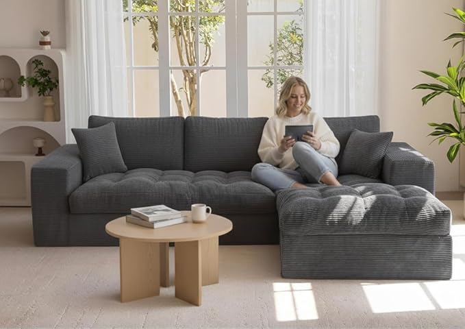NAYA 106” Modular Sectional Sofa, Cloud Sectional Couch with Deep Seat, Modern Modular L-Shape Sofa Boneless Couch with Chaise for Living Room Bedroom (Grey, Cloudy Sofa with Right Facing Chaise)