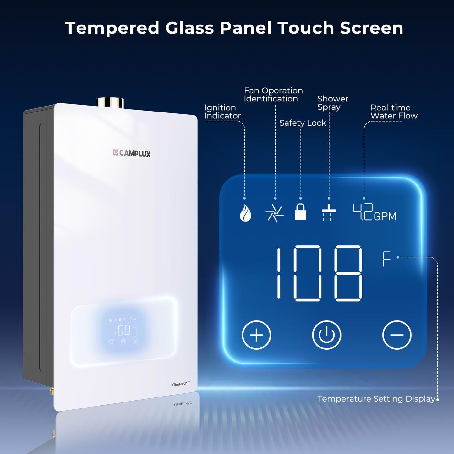 CAMPLUX Climatech 7 Tankless Water Heater Propane 3.6 GPM Up to 4 GPM, 85,300 BTU CSA Certified On Demand Instant Propane Tankless Hot Water Heaters Indoor, 1-3 Points Real Data No Exaggeration