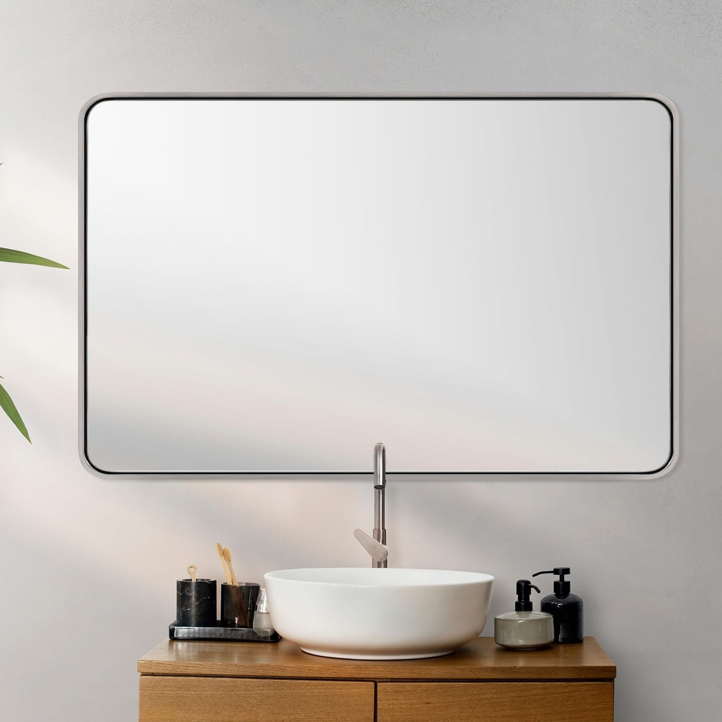 ANDY STAR 48”X30” Brushed Nickel Mirrors for Bathroom, Modern Rounded Rectangle Bathroom Vanity Mirror, SUS304-Anti-Rust Metal Frame Mirror, Wall Mounted Horizontal/Vertical 1’’ Deep