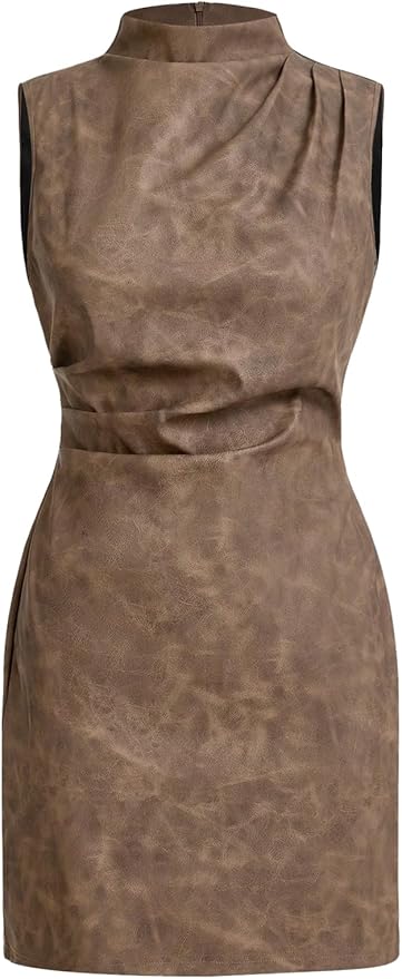 RoseSeek Women's PU Leather Ruched Bodycon Dresses Mock Neck Sleeveless Zipper Mini Tank Dress