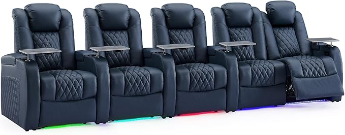 Weilianda Home Theater Seating Top Grain Leather Zero Gravity Recliner Chair Power Headrest Recline Movie Seat Gaming 7 Colors Mood Light Sofa with Tray Table USB Charge Row of 5 Loveseat Right Blue