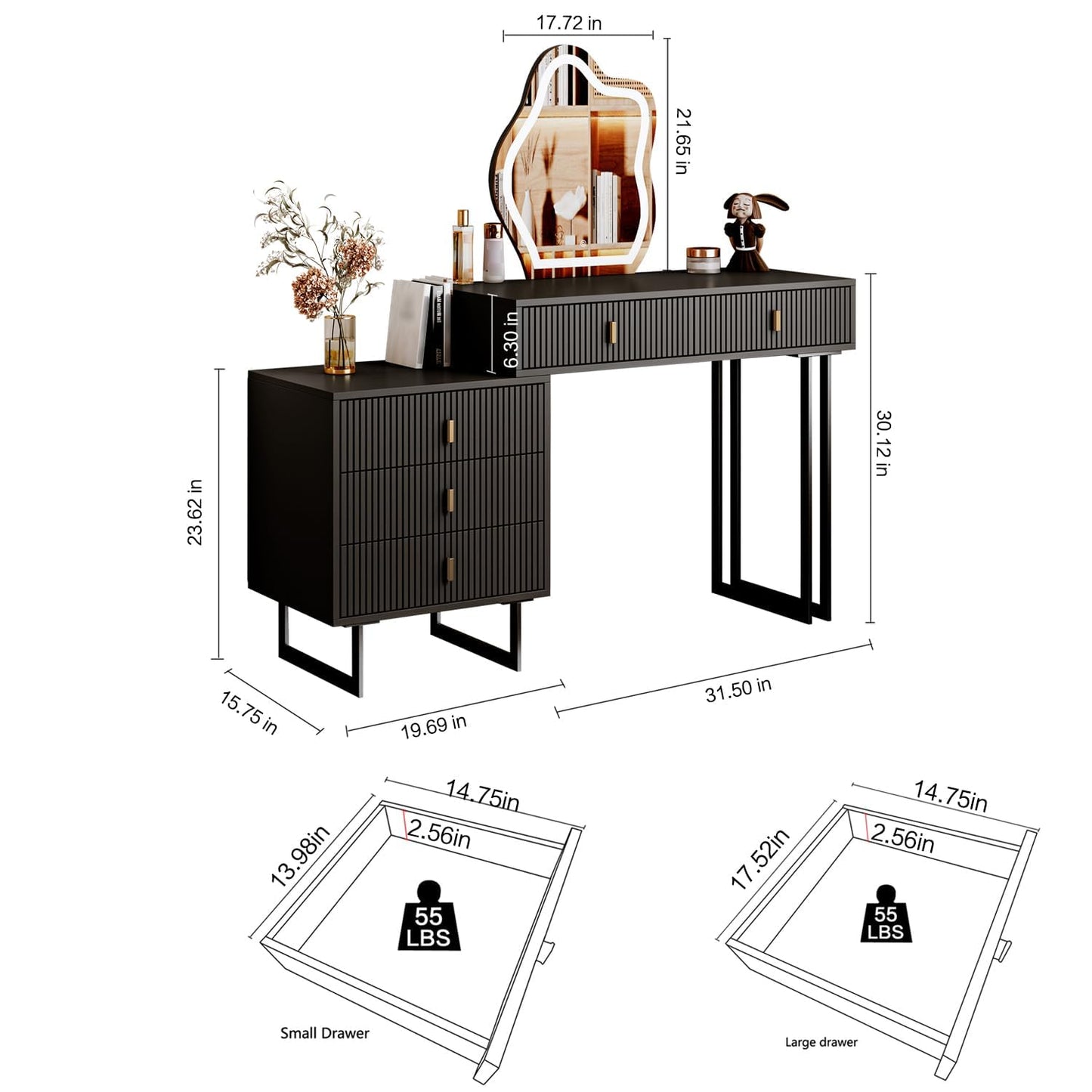 Ieejdn Black Vanity Desk with Mirror and Lights,Small Makeup Vanity with 5 Drawers, Modem Makeup Table with Adjustable Cabinet for Bedroom,Makeup Room