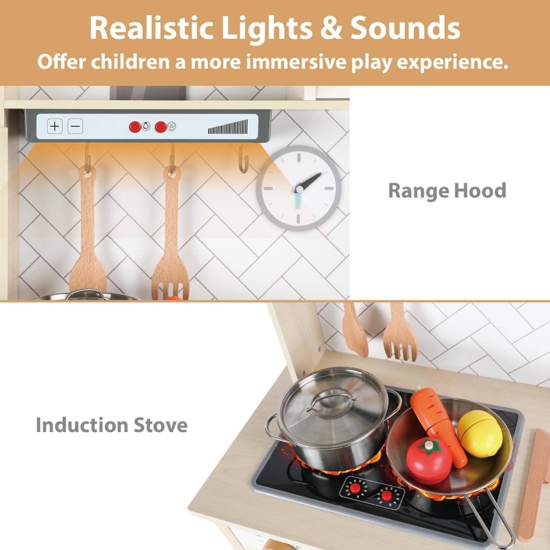 Freniland Wooden Play Kitchen, Kitchen Playset for Kids with Realistic Stove, Range Hood, Oven, Ice Maker, Microwave, Sink, with Light & Sound, 18 Accessories, Pretend Toy Kitchen, Gift for Ages 3+
