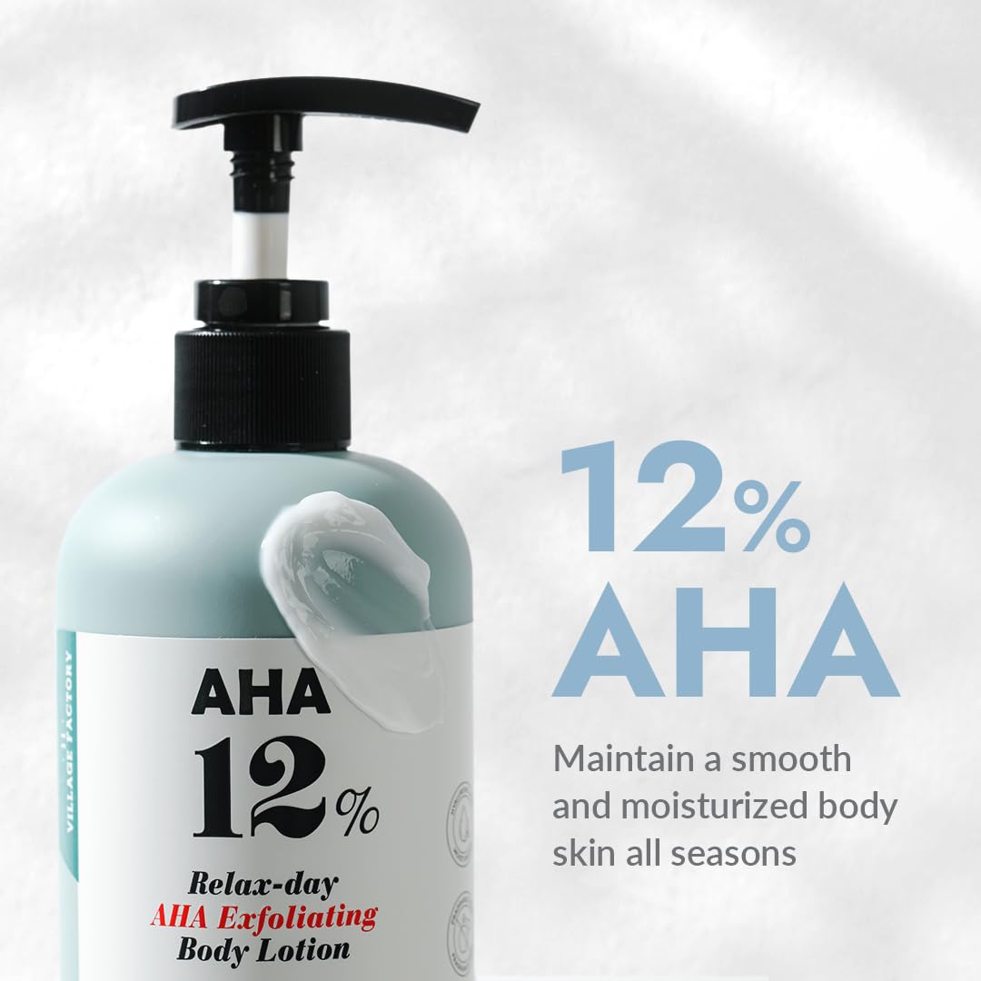 V11FACTORY AHA 12% Glycolic Acid Body Lotion – Korean Exfoliating & Hydrating Body Cream with Hyaluronic Acid & Collagen – Unscented, Paraben-Free Skin Smoothing Moisturizer, 10.6 oz
