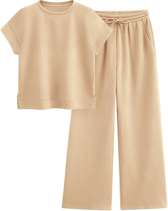 PRETTYGARDEN 2 Piece Outfits For Women Casual Tracksuit Short Sleeve Tops And Wide Leg Long Pants Matching Lounge Sets