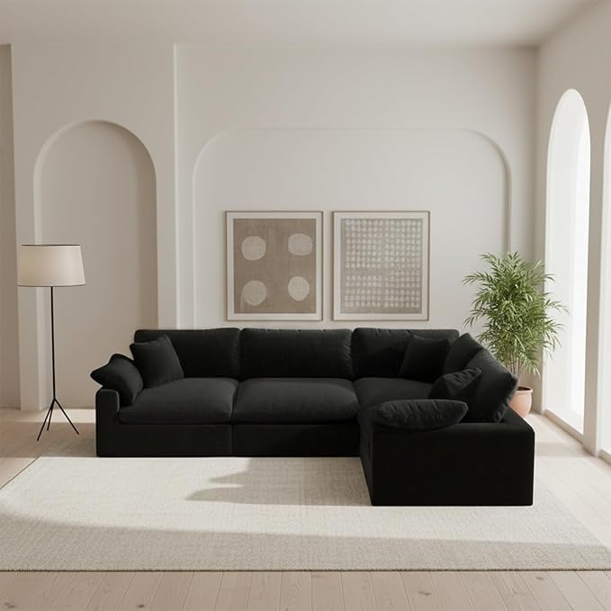 Forest aesthetics Modular Sectional Sofa, 4 Seater Cloud Couch,Down Filled Comfy Cloud Modern Sofa,Black Linen Oversized Couch Cushion Covers Removable for Living Room