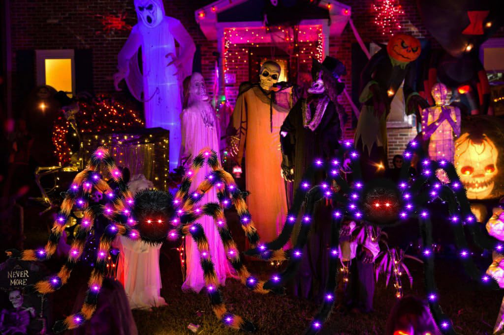 Halloween Decorations 4.9 FT Giant Spider 38LED Light up Black Hairy Scary Fake Spider with Red Lighted Eyes Battery Operated Party Haunted Yard House Indoor Outdoor Decor, Black