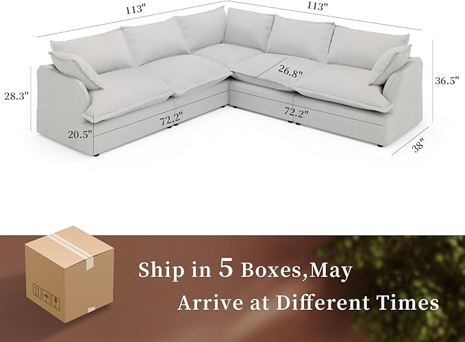 Intuition Decor V Shaped Cloud Modular Sectional Sofa with Corner Module,Down Filled Comfort Couch for Living Room,Sectional Couches Wide Deep Seat Convertible Removable Covers Cushion Grey