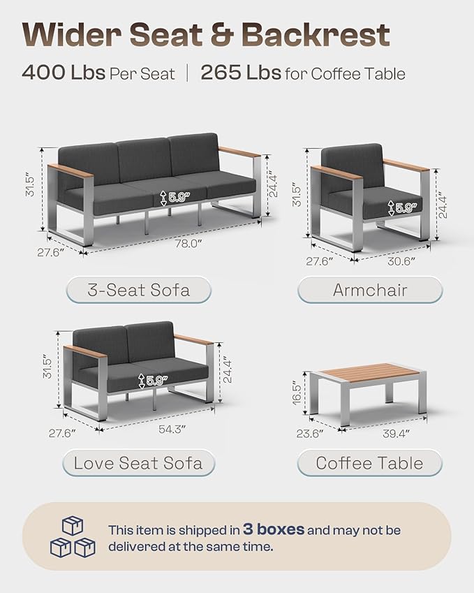 ComfCove Outdoor Patio Furniture Set, 7 Seats Outdoor Patio Conversation Sets with Ergonomic Seat and Wide Washable Thick Cushions, Modern Patio Sectional Furniture for Balcony, Porch (Teak-Charocal)