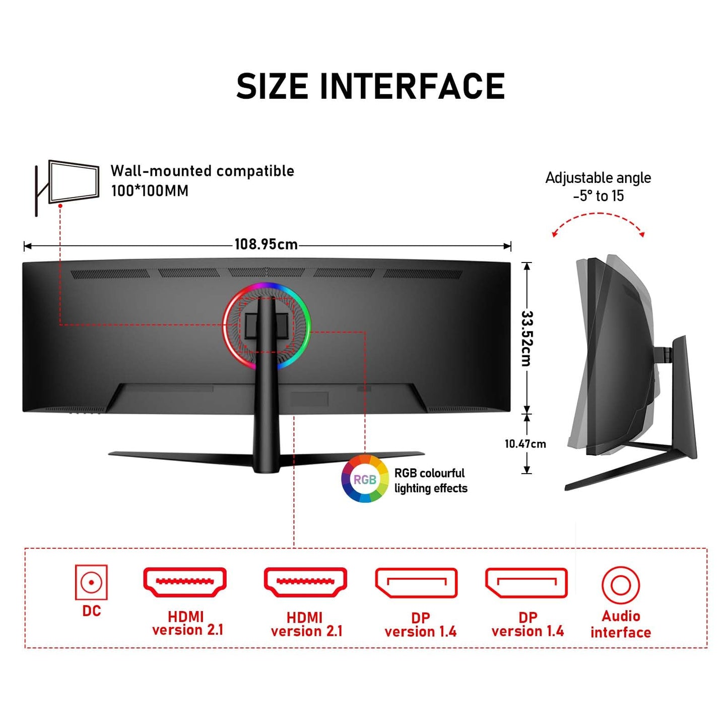 Gawfolk 45 inch Ultra-Wide Curved 1500R Gaming Computer Monitor, DQHD(5120×1440) PC Screen, 185Hz, 1MS, FreeSync, 120% sRGB, Built-in Speaker, HDMI2.1 & DP1.4, Compatible Wall Mount 100 * 00mm- Black