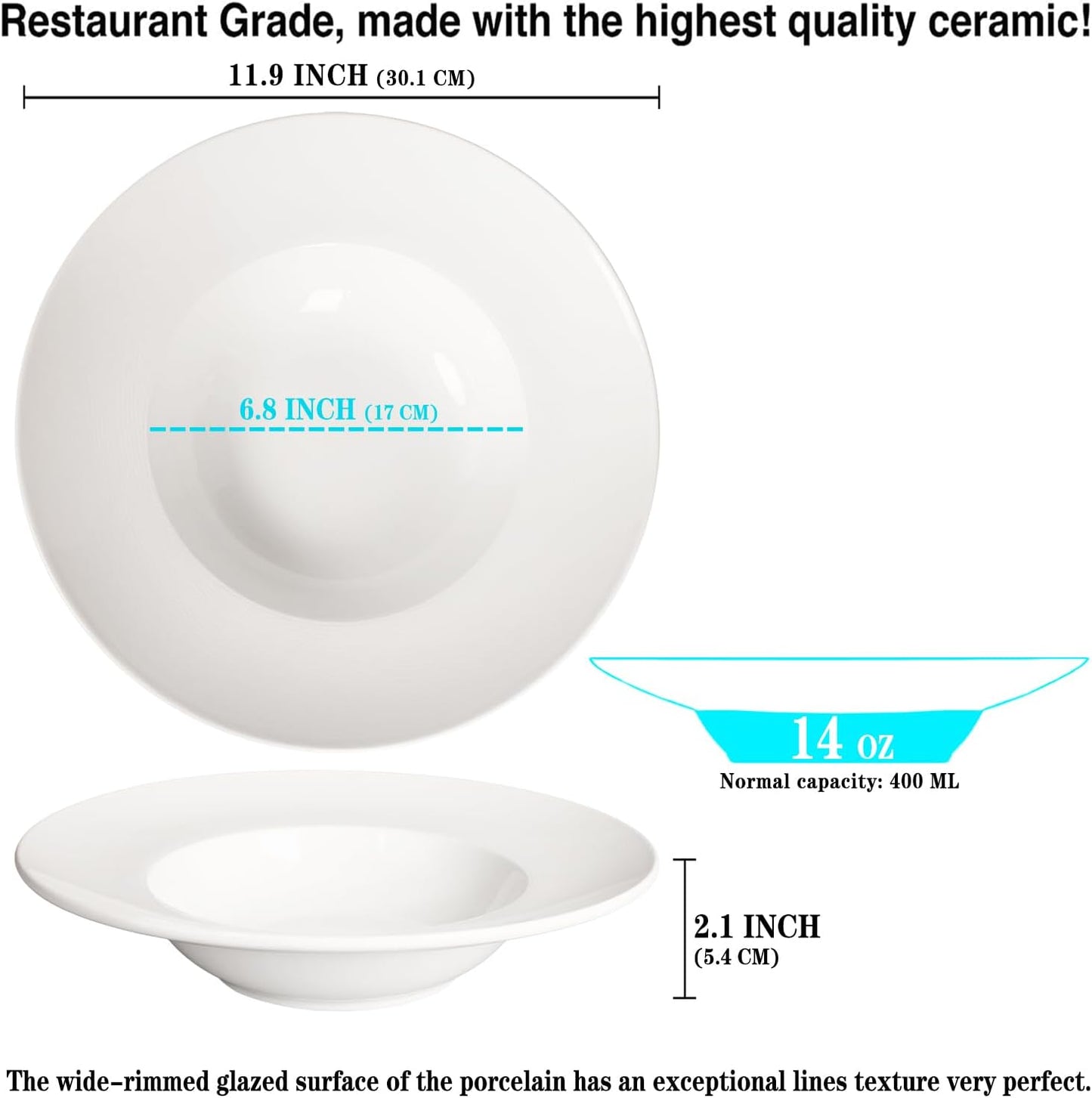 Porcelain Soup Bowls soup Plate Pasta Bowl Set of 4 Shallow Bowl Plates, 14 oz Rimmed Bowls with Rim, Microwave ovens and refrigerators safe, Line texture 11.9 Inch