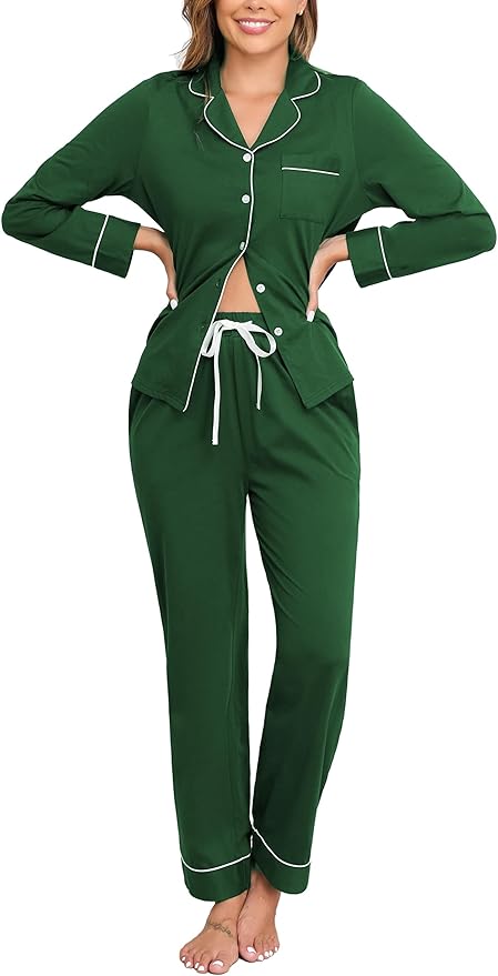 Veseacky 100% Cotton Pajamas for Women Set Long Sleeve Button Down Sleepwear Soft Pjs Lounge Sets with Pockets XS-XXL