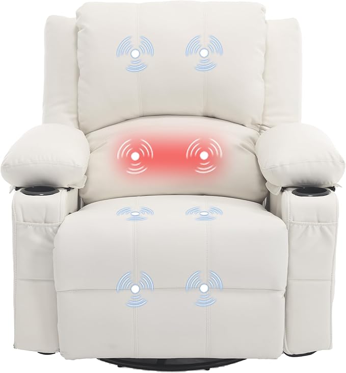 Massage Swivel Rocker Recliner with Lumbar Heat, Overstuffed PU Leather Recliners for Living Room, Modern Single Rocking Chair for Adults, Manual Rocker Recliner with Cup Holders for Bedroom, White