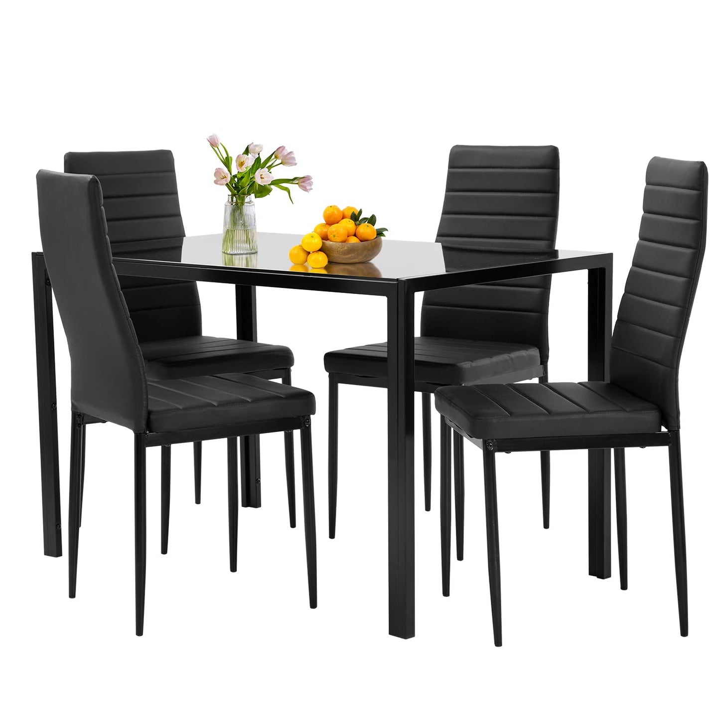 FDW | 5-Piece Dining Table Set | Glass Kitchen Table with 4 Upholstered Chairs | Space-Saving Design | Faux Leather Cushions | Modern Rectangular Table | Black | for Dining Room, Small Spaces