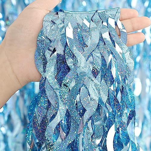 4 Pack Light Blue Party Foil Curtain - CYLMFC 3.3 ft x 6.6 ft Wavy Photo Booth Backdrop Metallic Tinsel Foil Fringe Curtai...