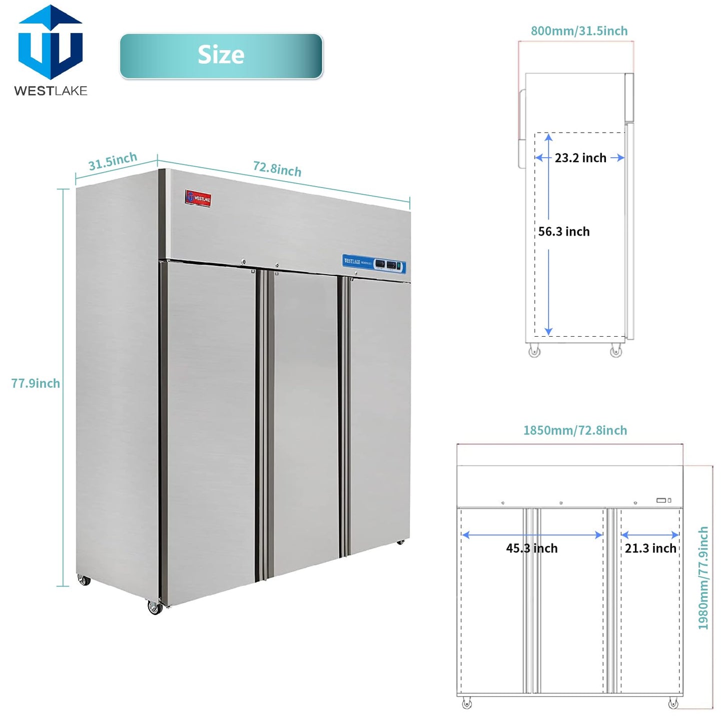 WESTLAKE Commercial Refrigerator and Freezer Combo 72" W 3 door 3 Section Stainless Steel Reach in Solid door Fan Cooling 54 Cu.ft Refrigerator and Freezer Combo for Restuarant, Bar, Shop, etc