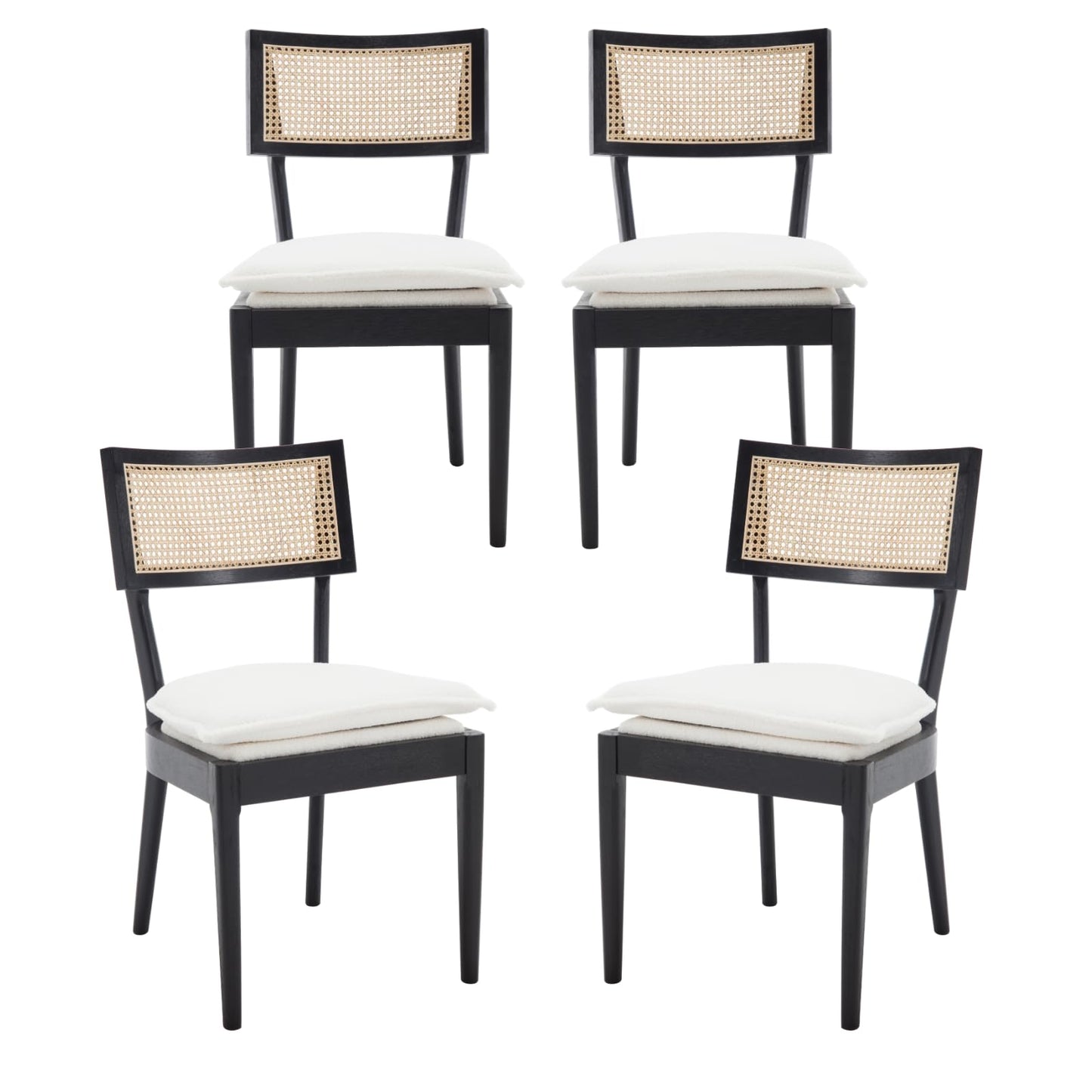 QUINJAY Rattan Farmhouse Dining Chairs Set of 4, French Country Sherpa Dining Chairs with Cane Back, Upholstered Boucle Dining Room Chairs Rustic Kitchen Chairs with Wood Frame for Living Room, Black