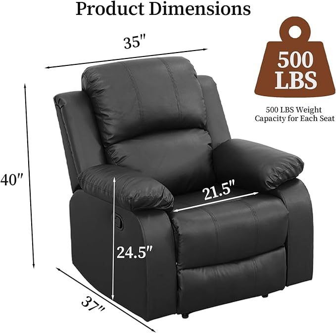 Saxum Tegmen Living Room Furniture Sets, Sectional Leather Sofa Set, Adjustable Recliner Chair with Manual Button for Living Room/Office (Chair, Black Leather)
