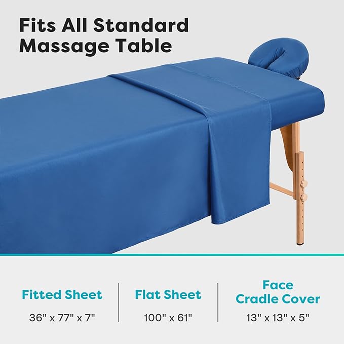 Comfyanno Massage Table Sheets Sets, 3 Pcs Professional Microfiber Massage Bed Cover Sheets, Soft, Light-Weight, Stain & Wrinkle Resistant, Includes Flat & Fitted Sheet, Face Cradle Cover - Dark Blue