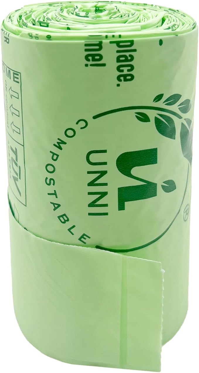 UNNI Compostable T-Shirt Bags with Tie Handles, 8 Gallon / 30 Liter, 60 Count - 2 rolls × 30, 0.80 mil Medium Kitchen Compost Liners, Certified by BPI, CMA & OK compost HOME, Meets ASTM D6400