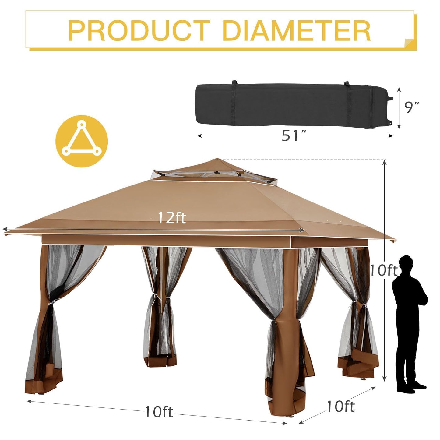 ECOTOUGE 12FT Pop Up Tent Canopy, Waterproof Canopy with Net and UV Resistant, Sidewalls Instant Shelter Gazebo with Carrying Roller Bag for Garden, Grill and Backyard (Brown)