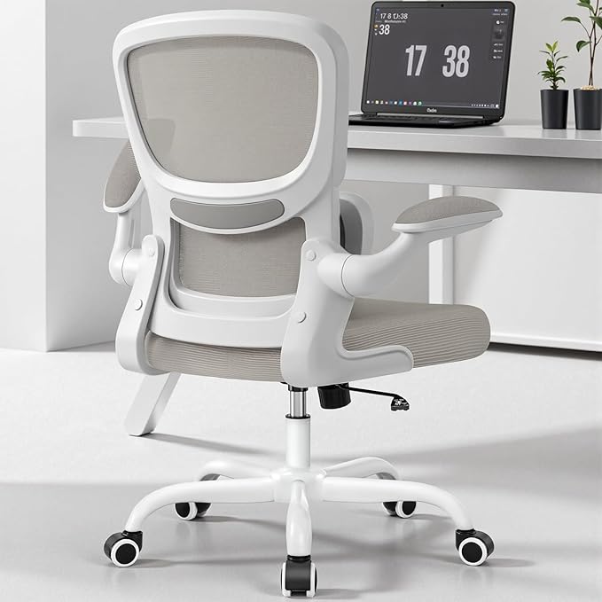 BESTFAIR Office Chair Ergonomic Desk Chair, Breathable Mesh Comfy Chair with Lumbar Support, Computer Chair, Home Desk Chair with Flip-up Armrests, Gaming Chair for Adults Home Office (LightGray)