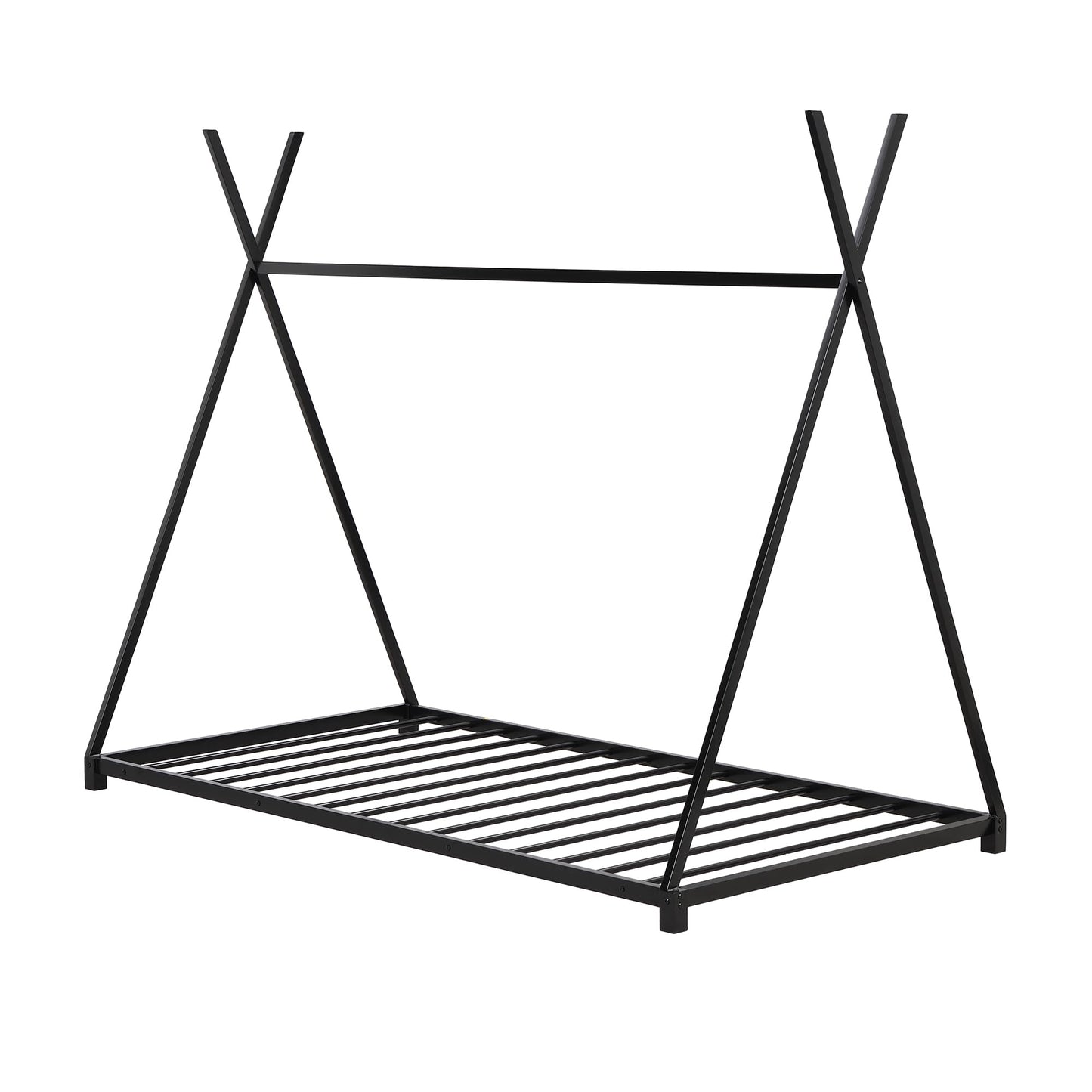 kuurfuurdo Twin Size House Bed for Kids, Metal Montessori Floor Bed Platform BedFrame with Triangle Structure Tent with Slat for Kids Girls Boys, No Box Spring Needed Easy Assembly