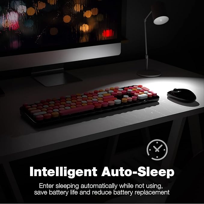 Wireless Keyboard and Mouse Combo, 104 Keys Full-Sized 2.4 GHz Round Keycap Typewriter Keyboards, USB Receiver Plug and Play, for Windows, Computer, PC, Laptop, Desktop (Black Colorful)