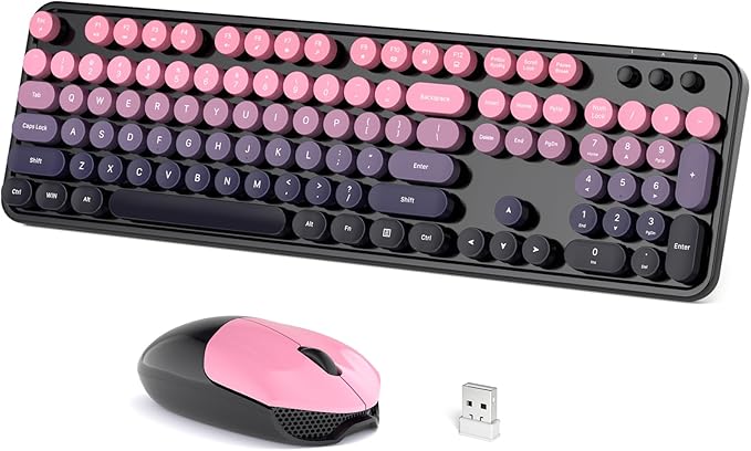 Wireless Keyboard and Mouse Combo, Retro Typewriter Keyboard with Round Keycaps, Full-Size Ergonomic, Ideal for Windows PC, Home, Office, College