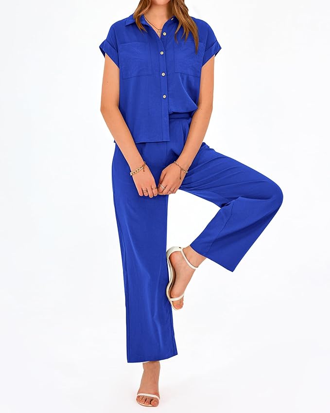 PRETTYGARDEN Womens 2 Piece sets Summer Cap Sleeve Tops Palazzo Pants Dressy Casual Vacation Travel Outfits Tracksuits