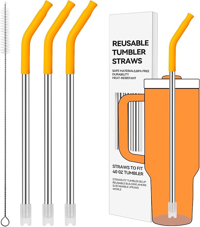 Reusable Metal Straws with Silicone Tip for Stanley 40oz,Stainless Steel Drinking Straws for 40oz Tumbler,3 Straight Tubes & 6 Tips& 1 Cleanr Brush(Goldenrod)