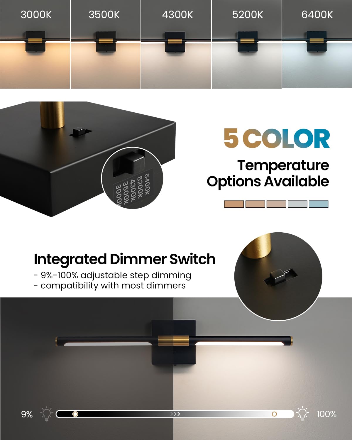 Faziyo Black Gold Vanity Light Fixtures for Bathroom Over Mirror 24 inch LED Bath Sconces IP44 5CCT Adjustable Morden Picture Lights for Paintings (Built-in Dimmer)