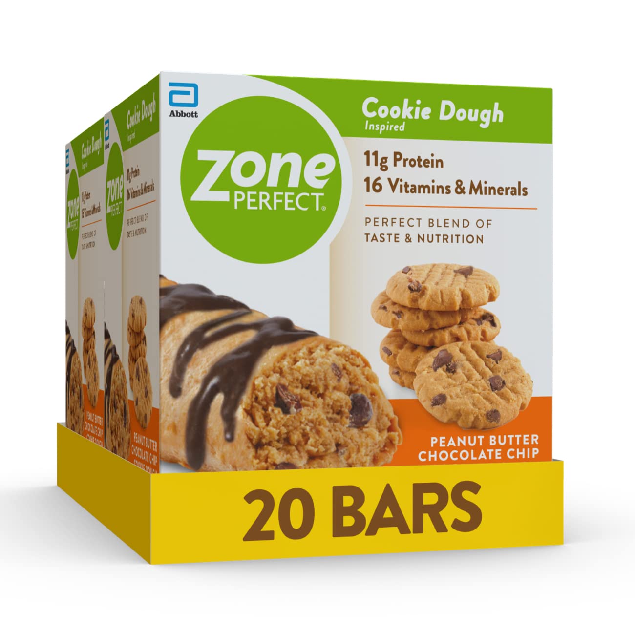 ZonePerfect Protein Bars | 11g Protein | 16 Vitamins & Minerals | Nutritious Snack Bar | Peanut Butter Chocolate Chip Cookie Dough | 20 Count, Pack of 4