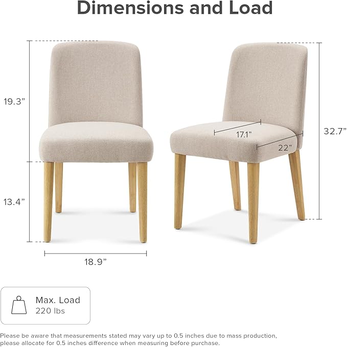 mopio Logan Upholstered Beige Parson Dining Chair Set of 2, Modern Farmhouse Solid Light Oak Wood with Ergonomic Curved Back Rest for Dining Room and Kitchen