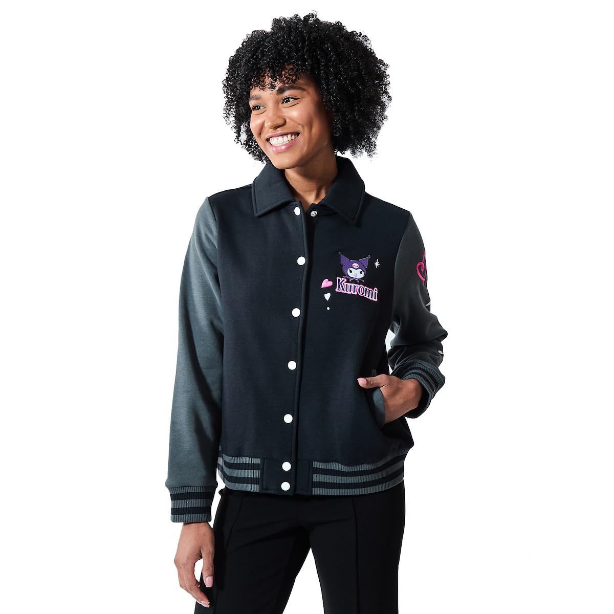 Bioworld Kuromi Women's Long Sleeve Varsity Jacket-Small