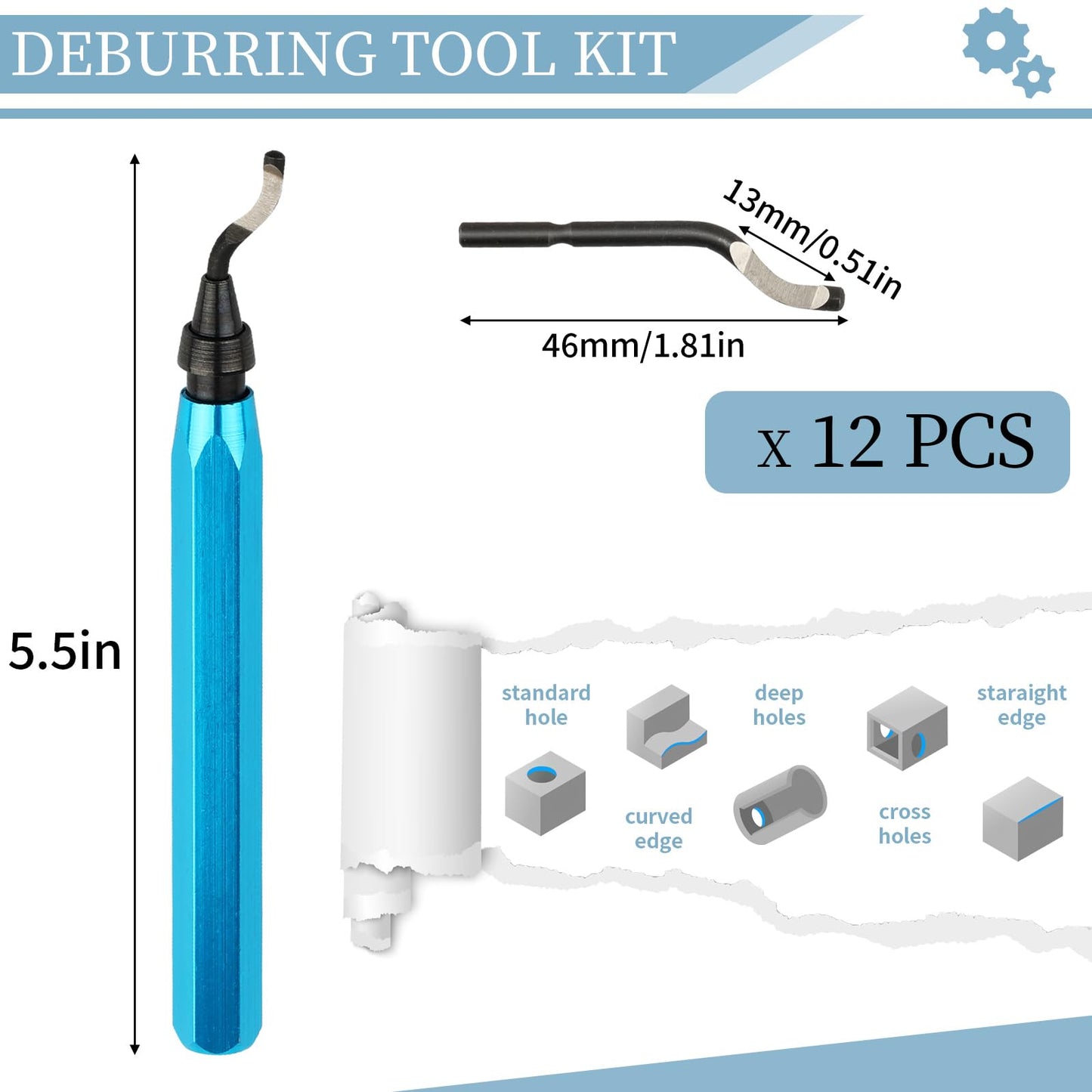 Deburring Tool with 12 High Speed Steel Blades, Deburring Tool 3D Printing, Deburring Tool for Metal, Resin, Copper, Plastic, PVC Pipes, 3D Printed Edges (1 Blue Handle)