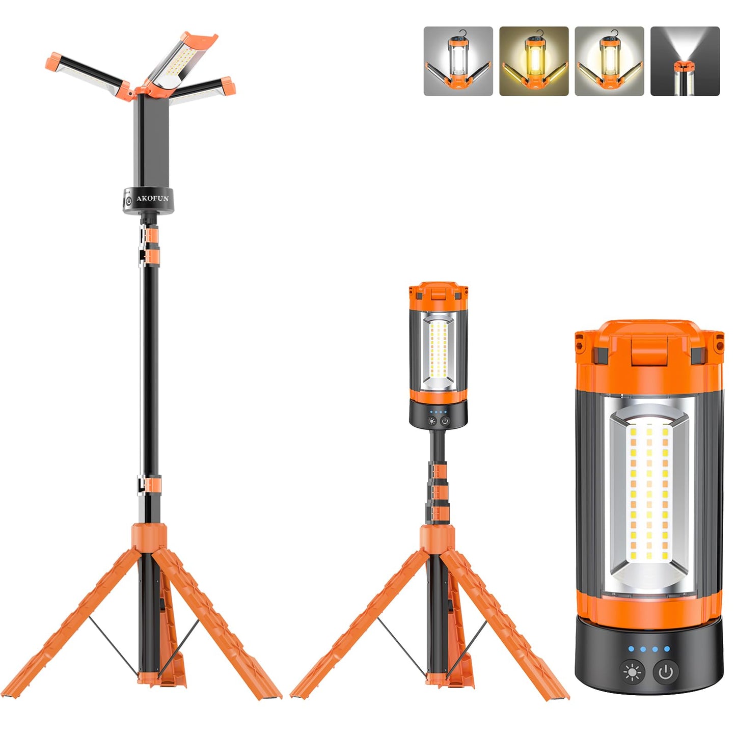 AKOFUN 12000mAh Camping Light with Stand, Rechargeable Work Light, 10000 Lumen Dimmable Cordless Work Light with 3 LED Lamp Heads, Magnetic Emergency Flashlight with 79" Detachable Tripod