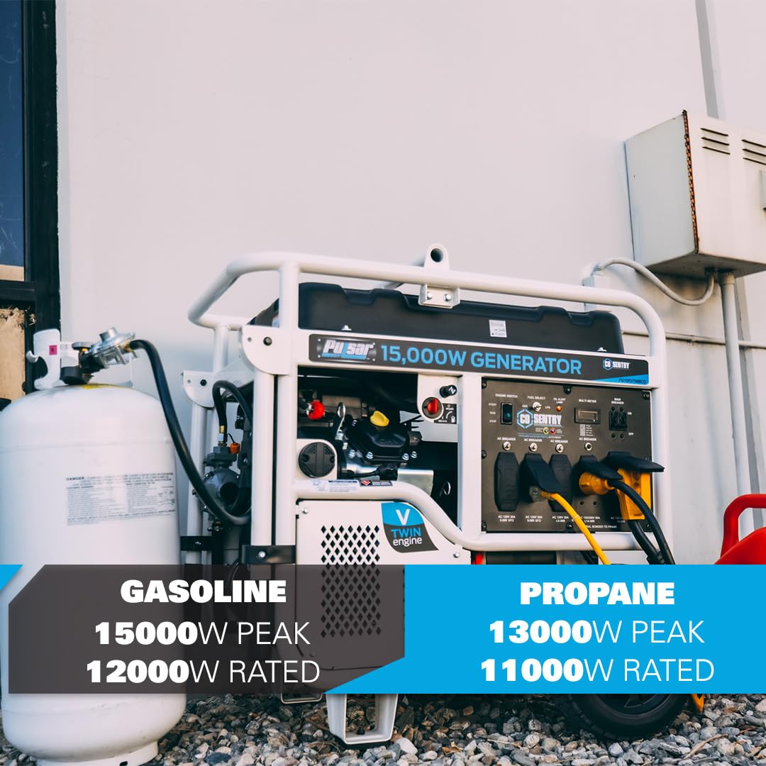 Pulsar PG15KVTWBCO 15,000W Dual Fuel Portable Generator, Gas or Propane, CO Sentry, 713cc V-Twin Engine, Electric Start, 50A Outlet